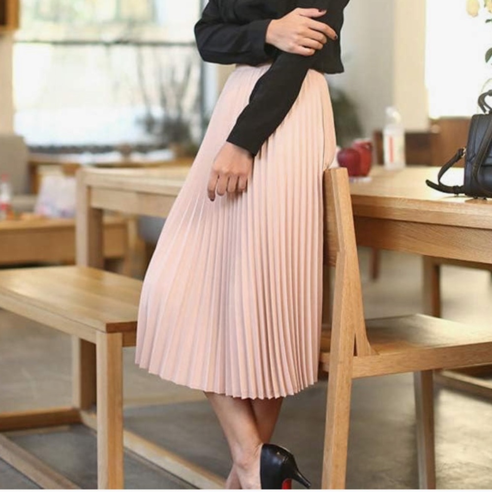 Women's High Waist Pleated Skirt A line Swing Midi Skirt Pink
